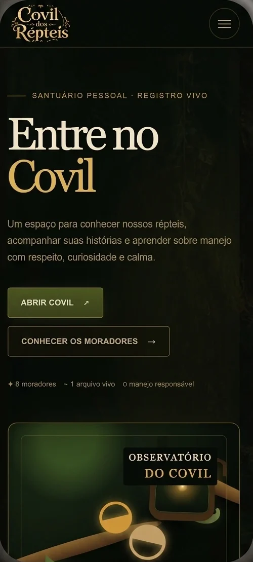 Versão mobile do Covil dos Répteis em um celular: logotipo, menu recolhido, chamada Entre no Covil e botões em coluna única