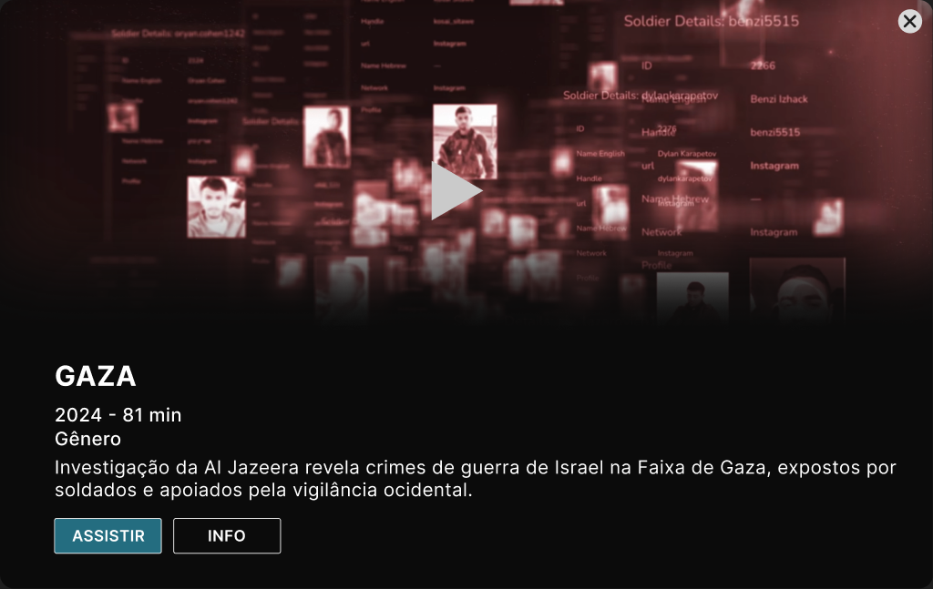 Detalhe do documentário Gaza com sinopse, informações e botão de reprodução, sobre o catálogo escurecido