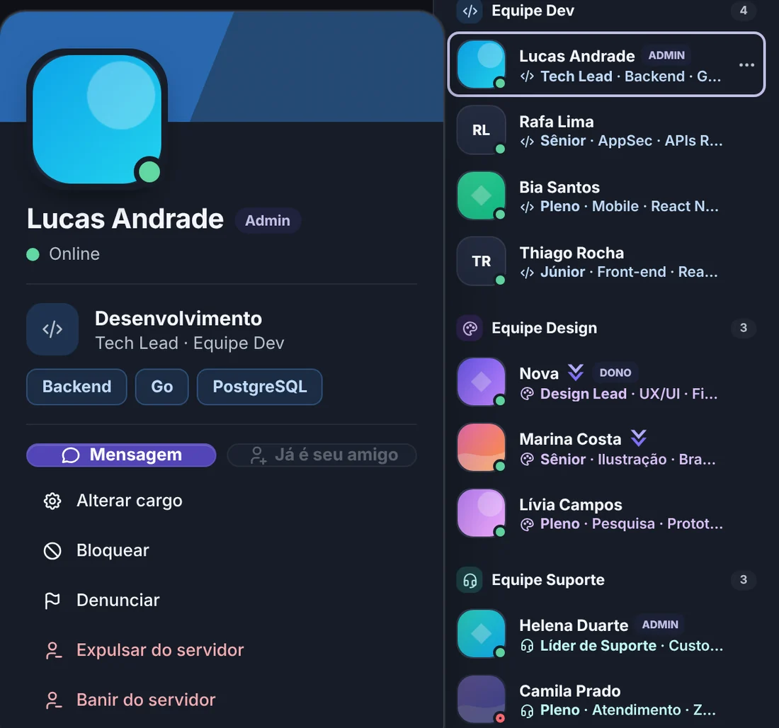 Cartão de perfil de Lucas Andrade aberto ao lado da lista por equipe: Desenvolvimento, Tech Lead da Equipe Dev, com as habilidades Backend, Go e PostgreSQL e as ações de mensagem, cargo, expulsar e banir.