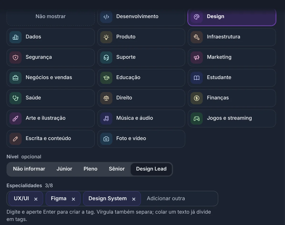 Configurações do Void, aba Perfil: grade de profissões com Design marcado, o nível Design Lead escolhido e as especialidades UX/UI, Figma e Design System.